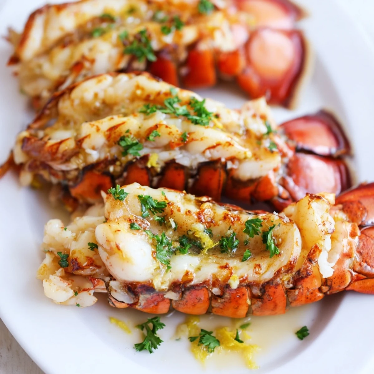 Whole lobster tails sizzling in savory garlic butter sauce, garnished with bright lemon wedges