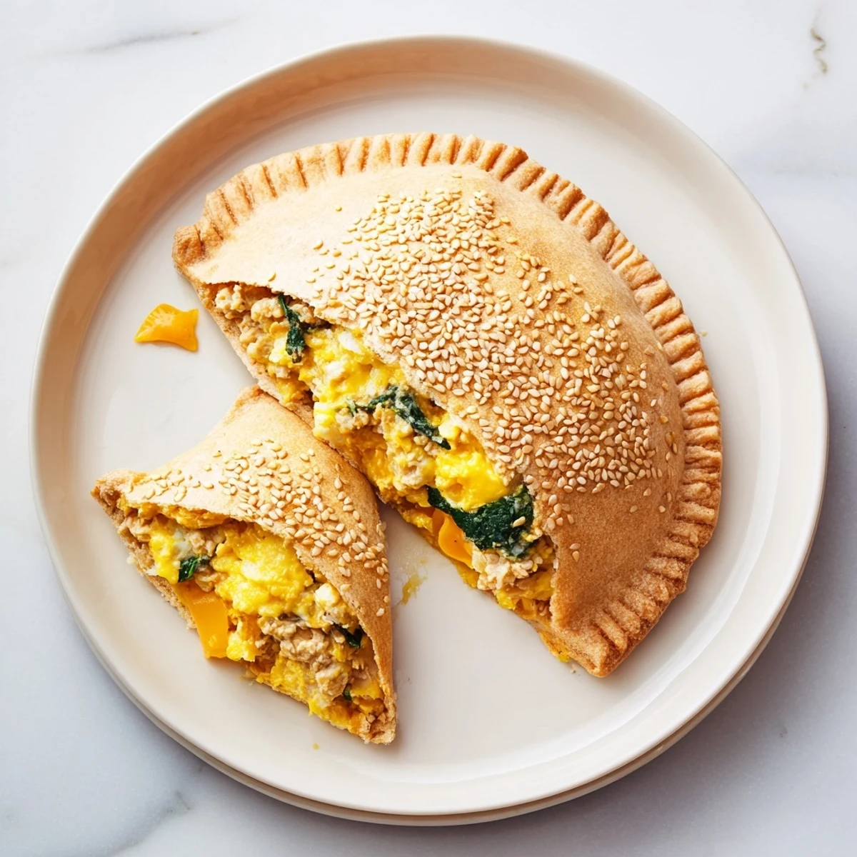 Golden high protein breakfast hot pockets with egg, turkey and cheese filling
