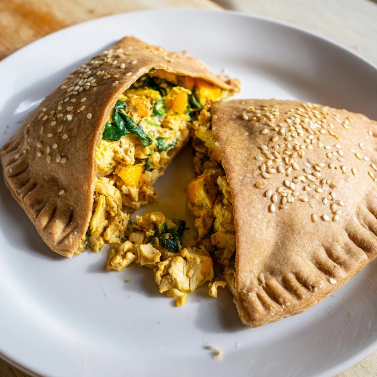 Flaky whole wheat high protein breakfast hot pockets sprinkled with sesame seeds