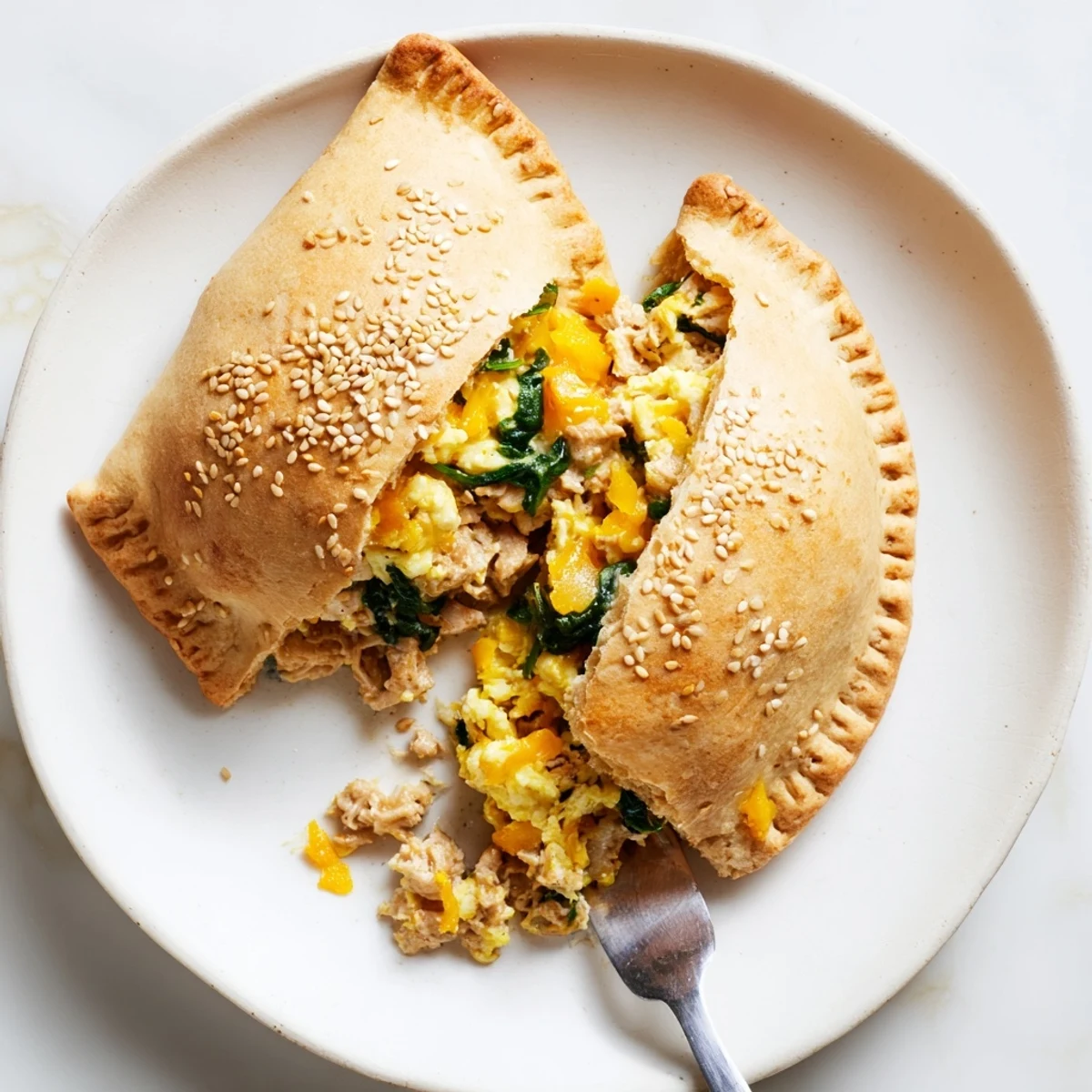 Handheld high protein breakfast hot pockets stuffed with scrambled eggs and spinach