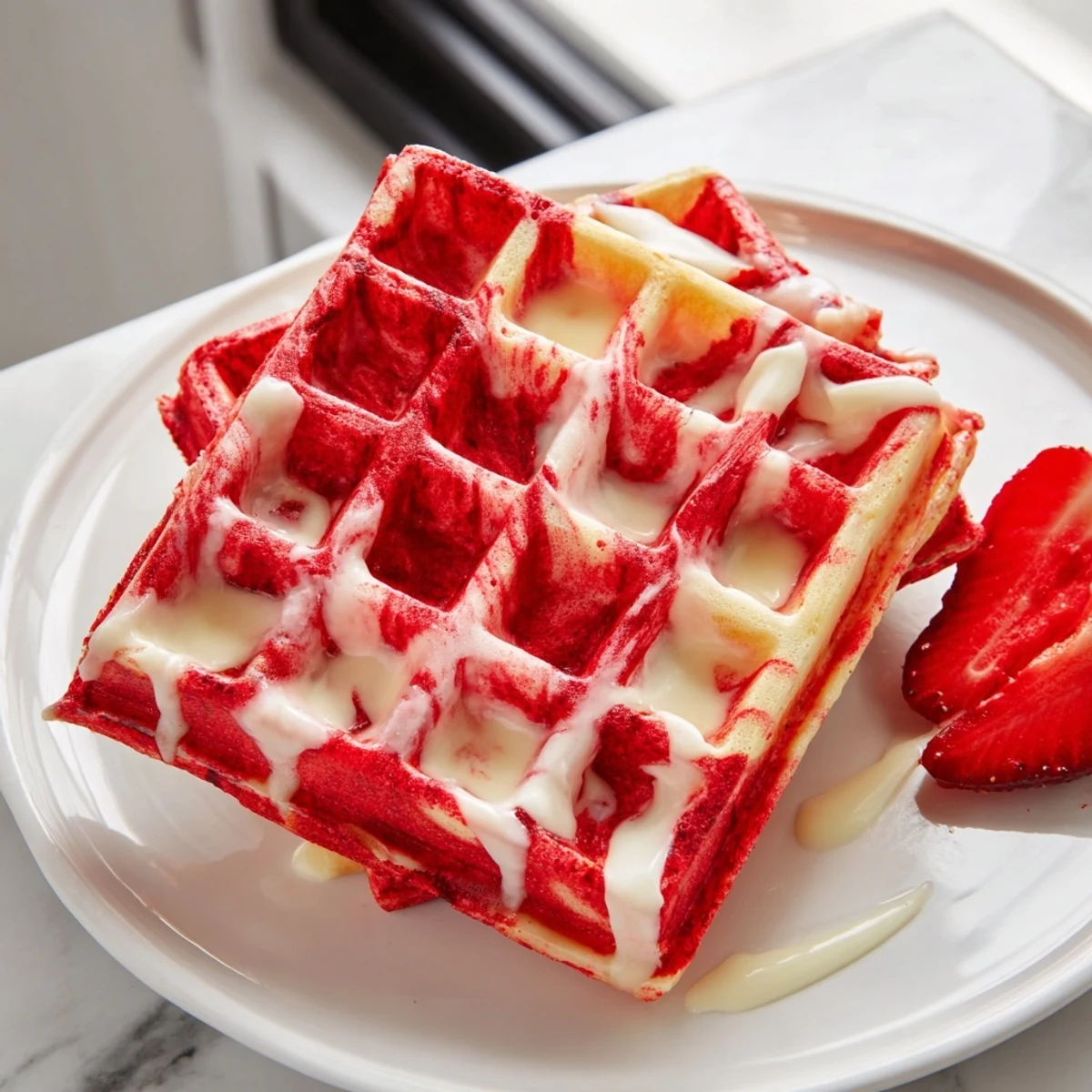 Golden red velvet marble waffles topped with cream cheese glaze and fresh berries