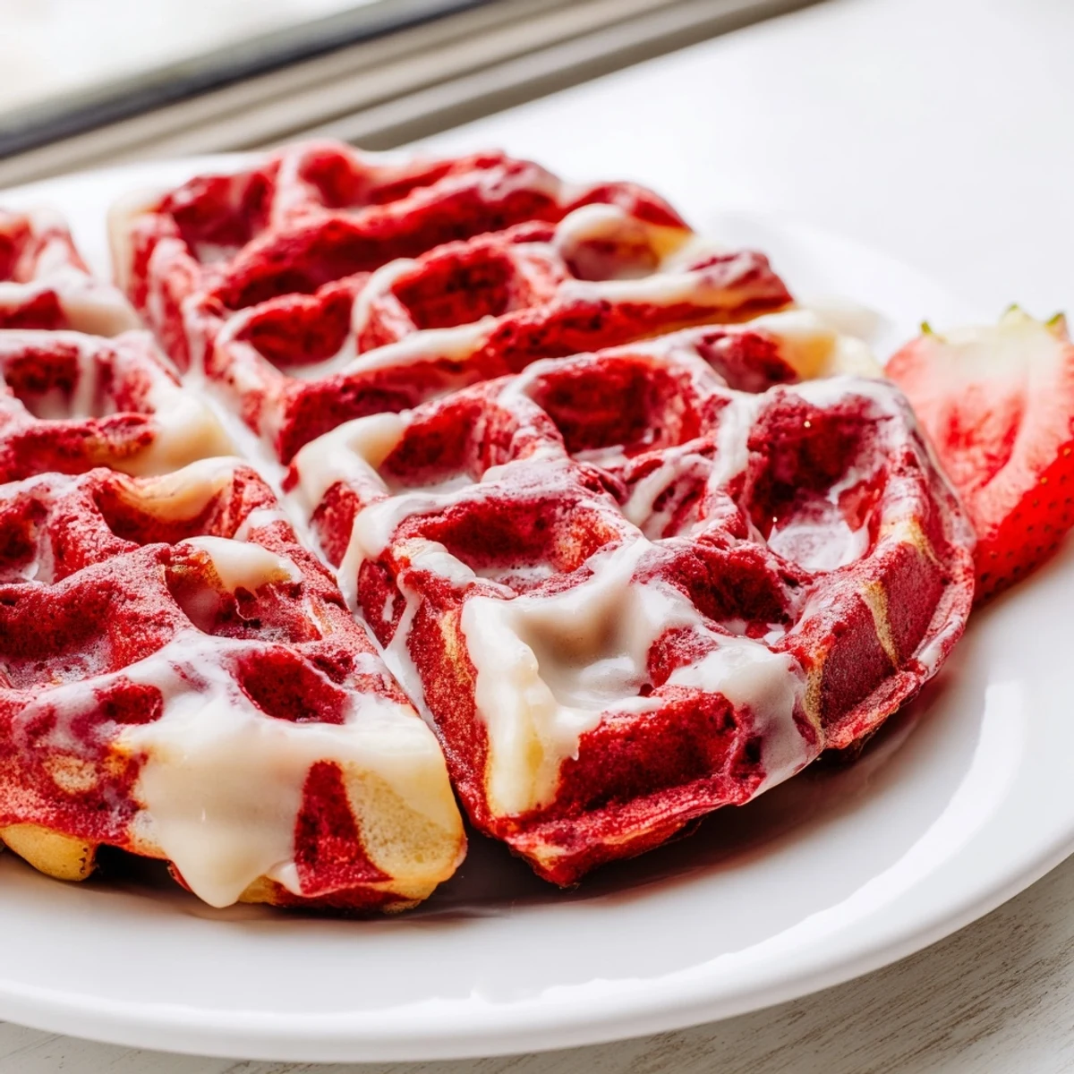 Close-up of crisp red velvet marble waffles with vibrant swirling vanilla patterns