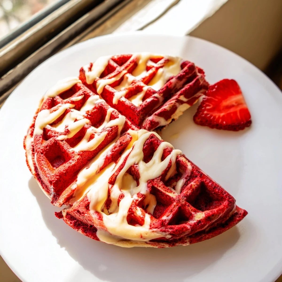 Stack of fluffy red velvet marble waffles drizzled with warm maple syrup