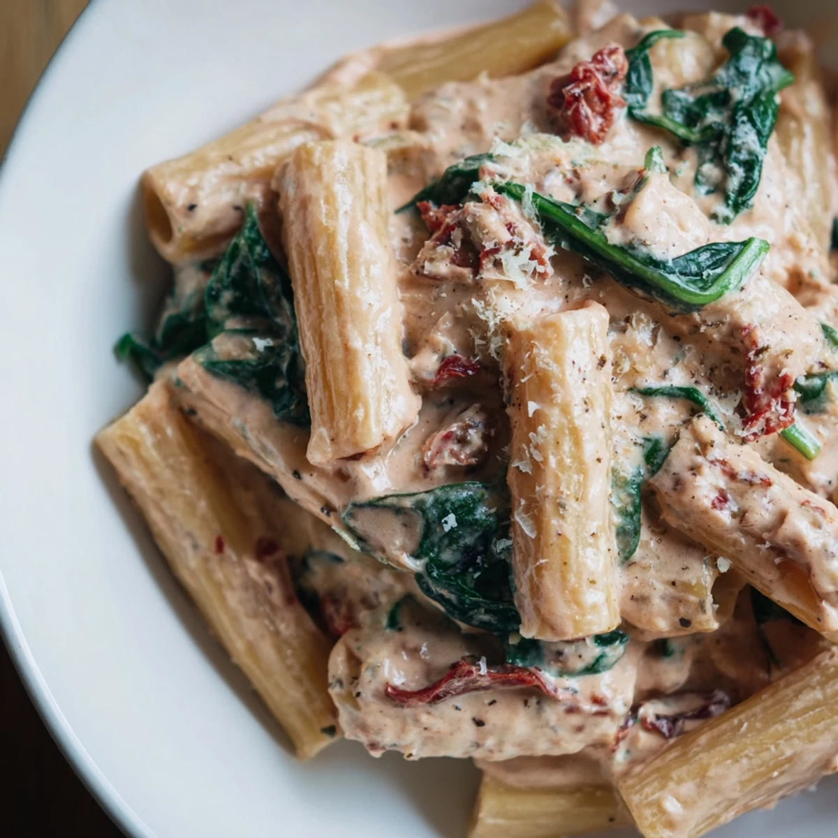 Creamy sun dried tomato spinach pasta in a skillet with vibrant green leaves and rich sauce