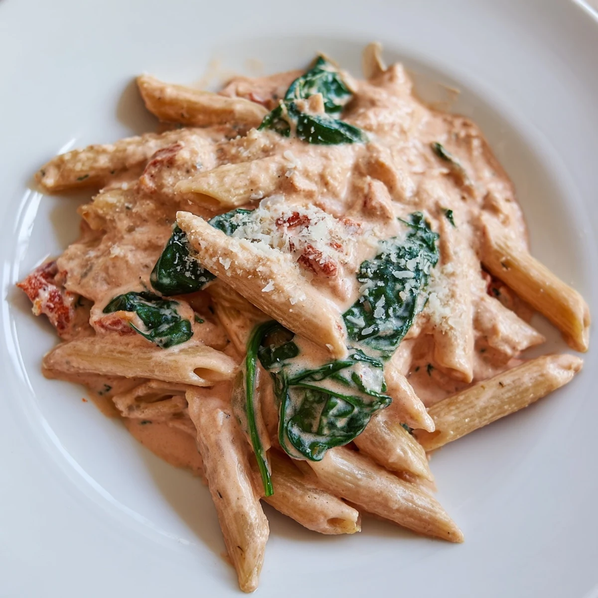 One pan creamy sun dried tomato spinach pasta topped with grated Parmesan cheese