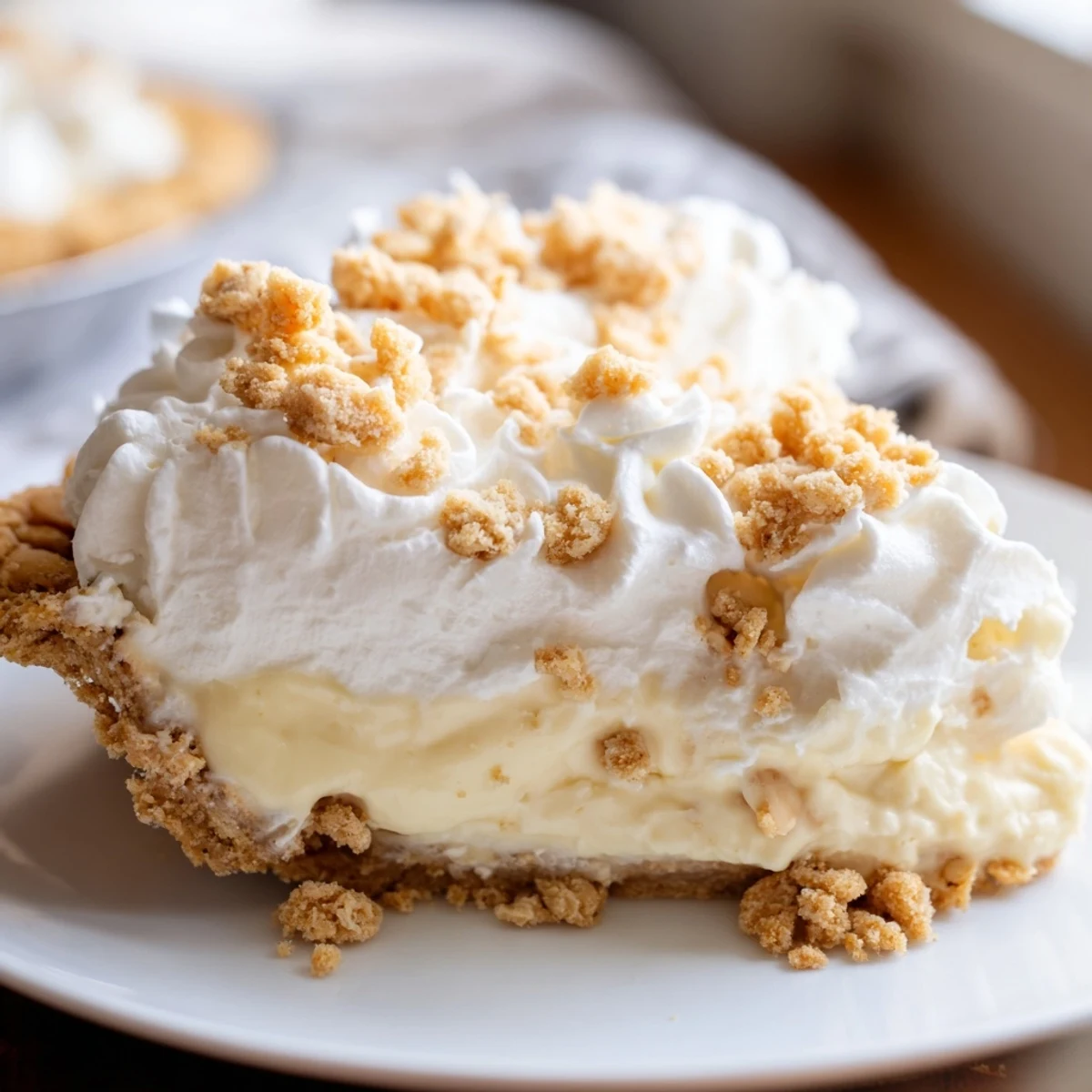 Creamy Amish Peanut Butter Dream Pie topped with fluffy whipped cream and golden peanut butter crumbles