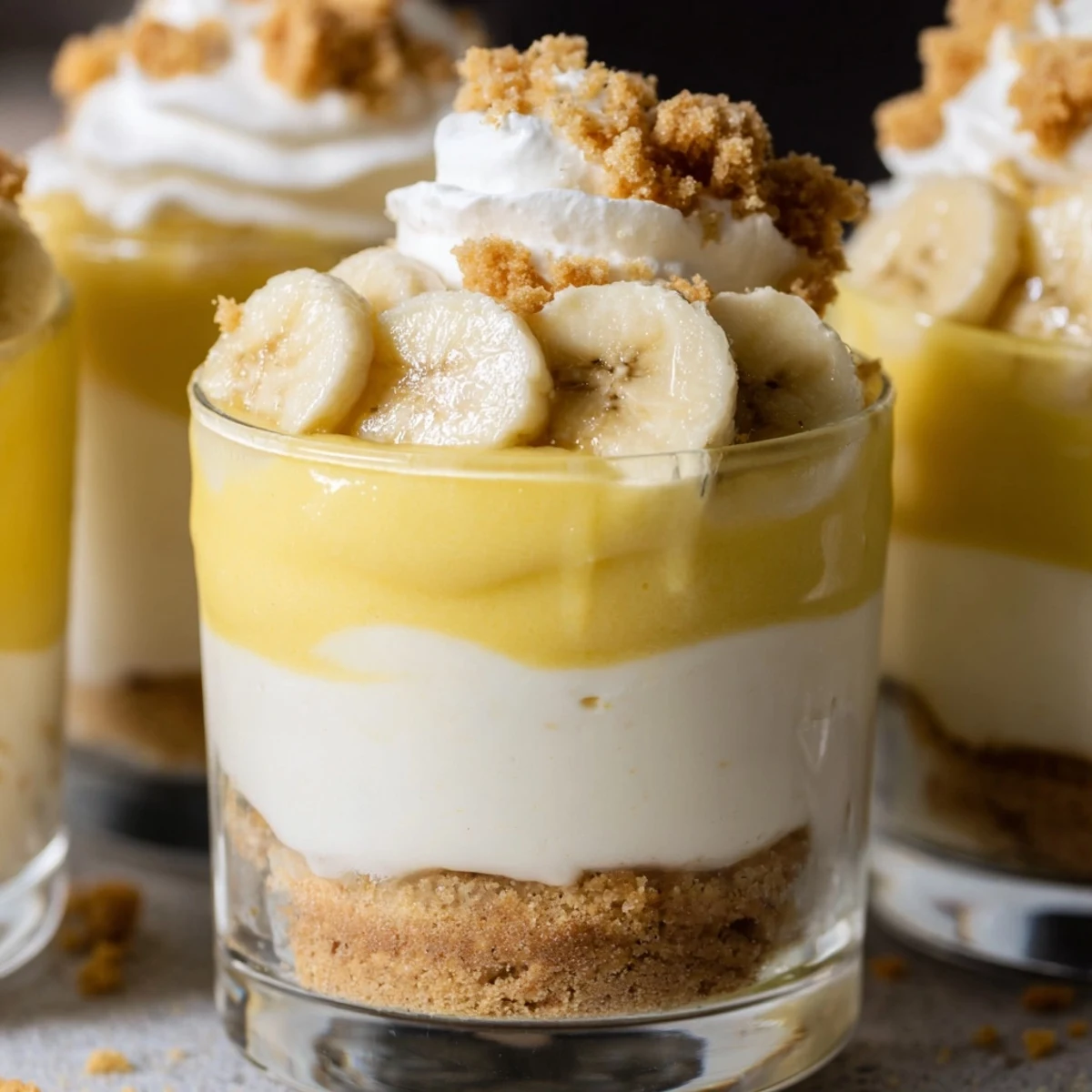 Creamy banana pudding cheesecake cups topped with fresh banana slices and vanilla wafer crumbs
