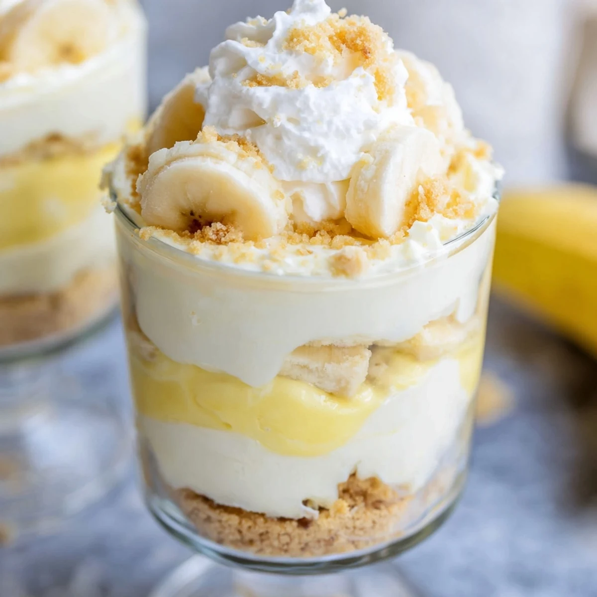 Individual no bake banana pudding cheesecake cups layered with silky filling and crunchy cookie crumbs