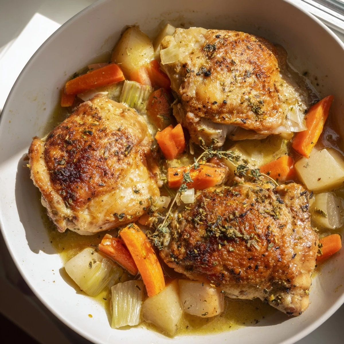 Tender slow cooker chicken dinner with carrots, potatoes, and aromatic herb sauce in rustic bowl