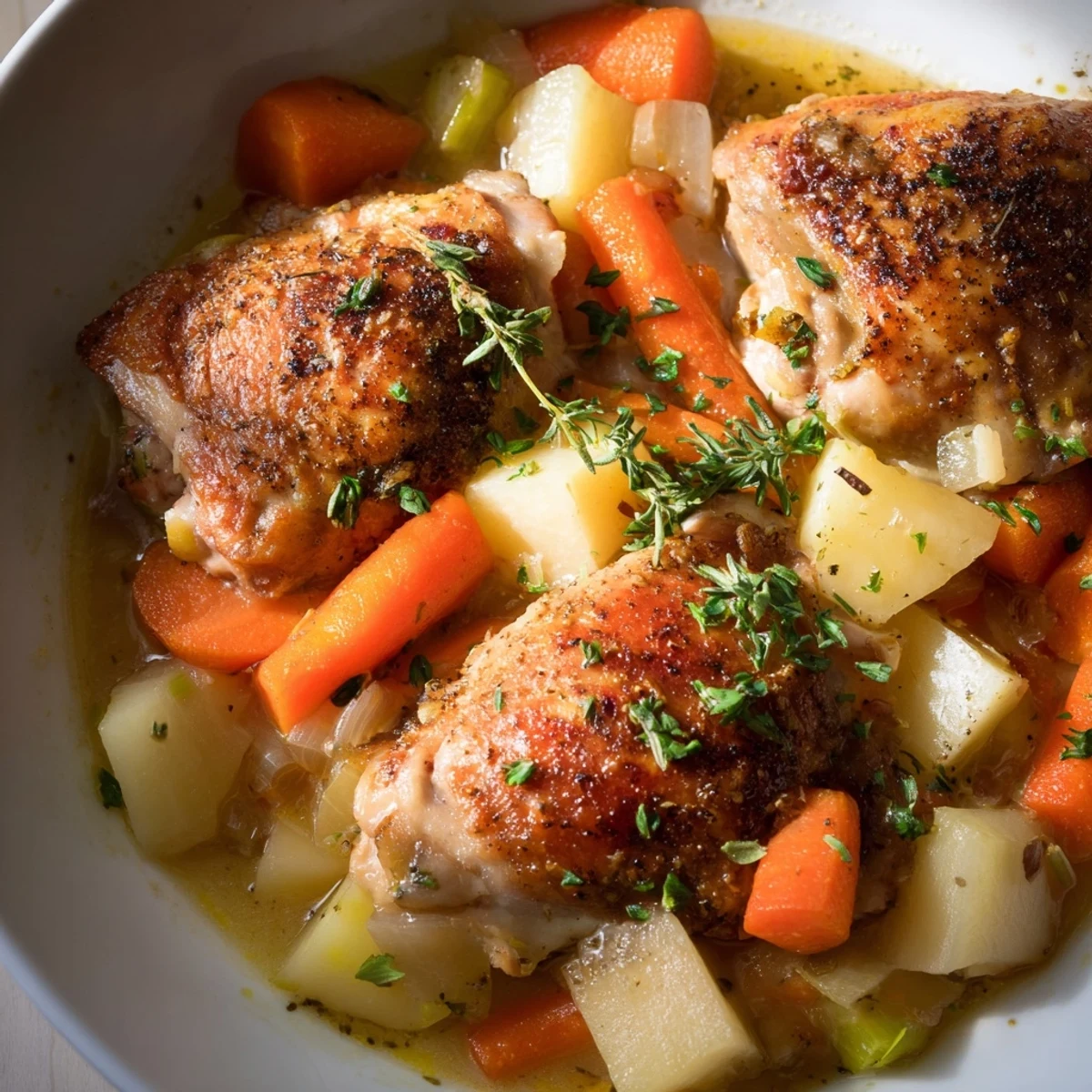 Golden slow cooker chicken dinner served over tender vegetables with fresh parsley garnish