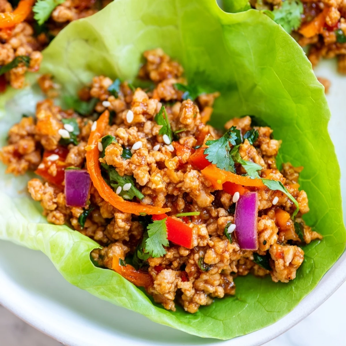 Seasoned ground turkey filling nestled in crisp romaine lettuce cups with fresh vegetables