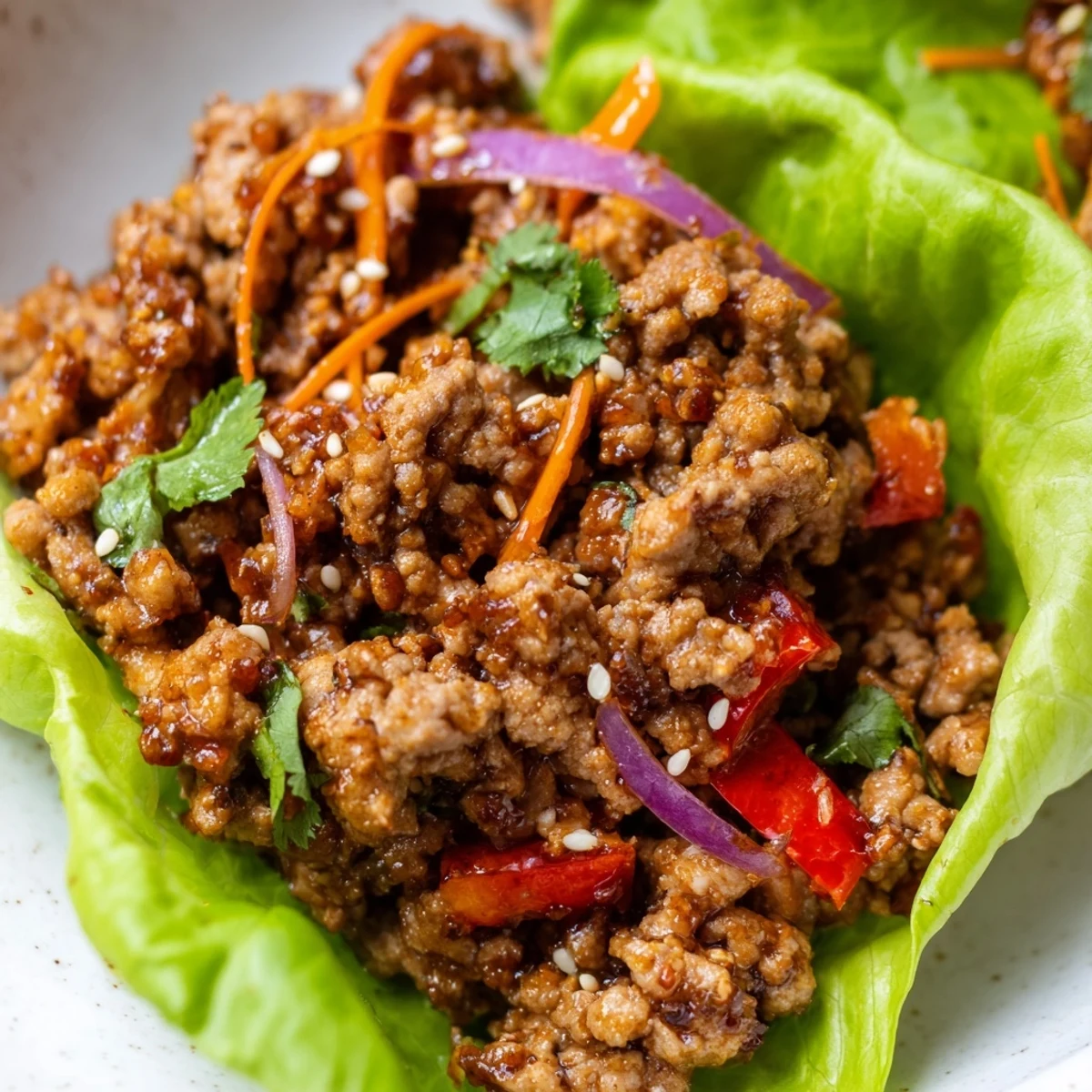 Healthy ground turkey lettuce wrap bowls topped with sesame seeds and cilantro