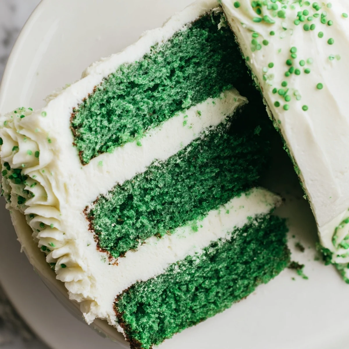 Vibrant green velvet cake with creamy frosting layered on a white plate for dessert