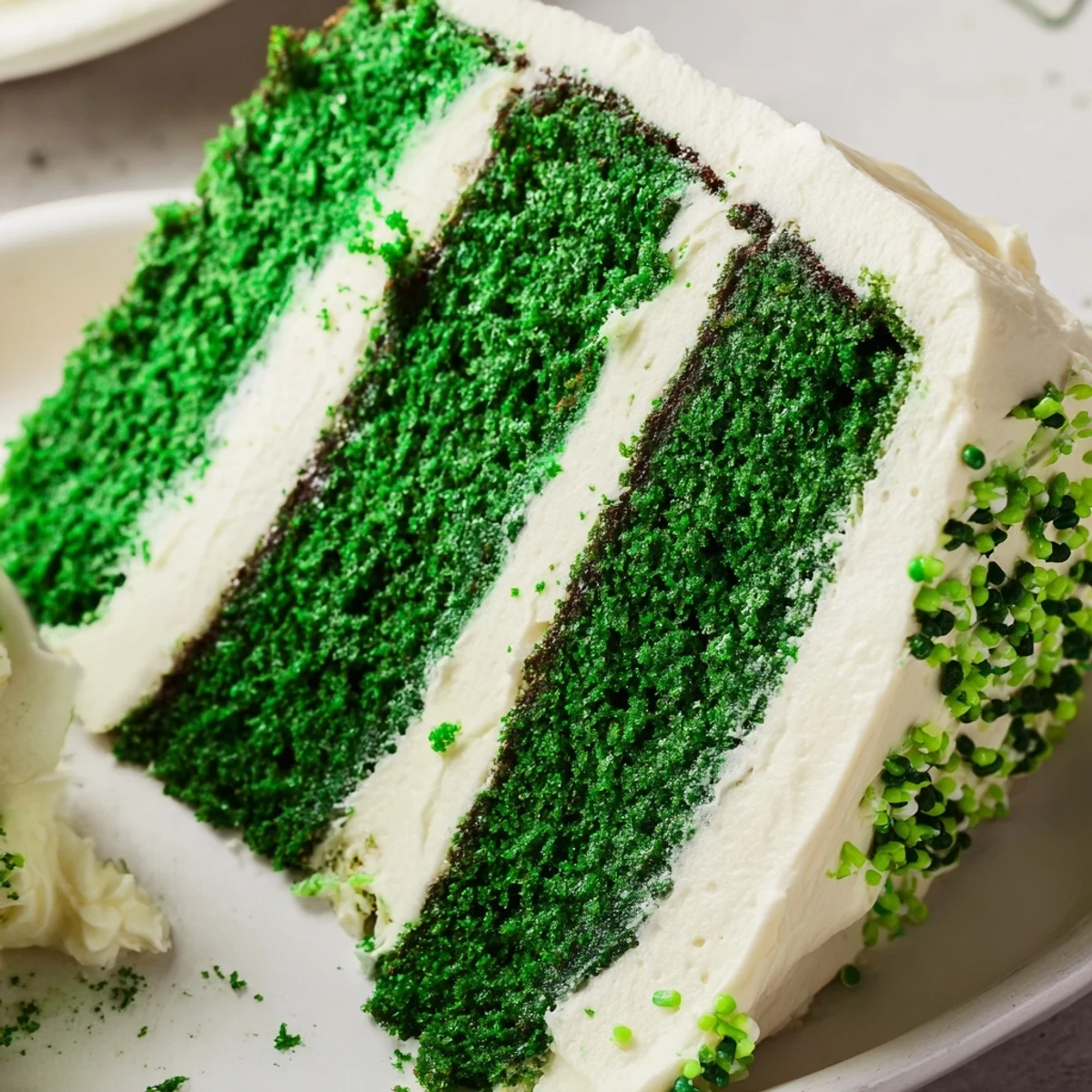 Emerald green velvet cake slice showing moist cocoa crumb and tangy cream cheese frosting