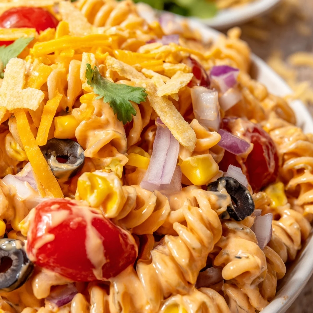 Colorful taco pasta salad in a serving bowl with tomatoes corn black beans and cheese
