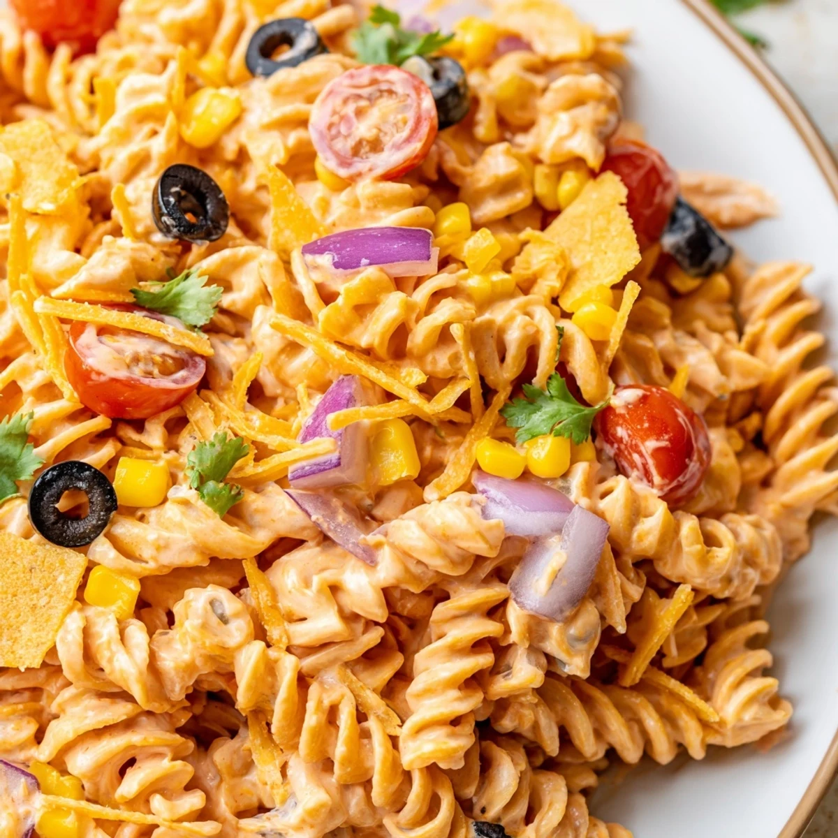 Creamy taco pasta salad topped with crushed tortilla chips and fresh cilantro garnish