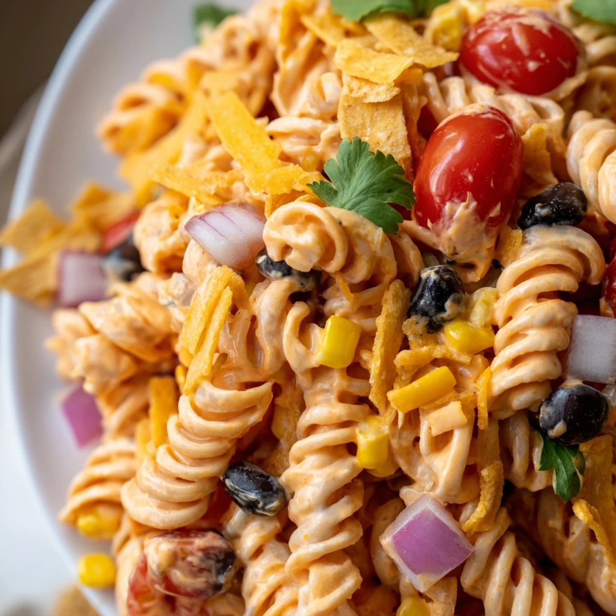 Close-up of taco pasta salad featuring spiral noodles ground beef and vibrant vegetables