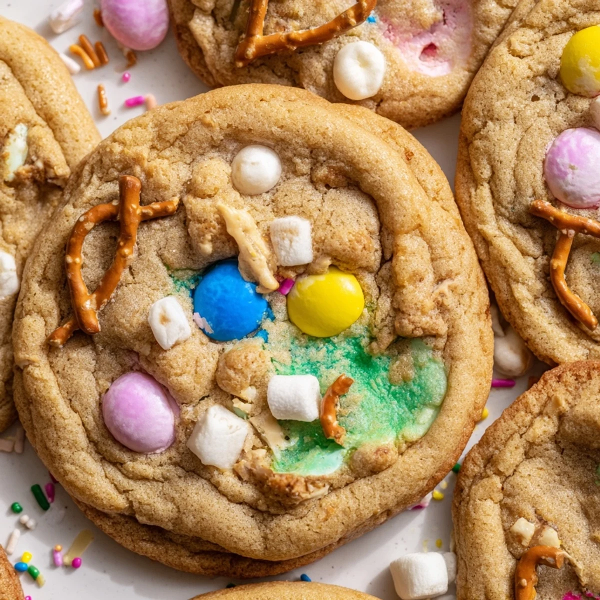 Colorful Easter Trash Cookies loaded with pastel candies, pretzels, and sprinkles on a rustic baking sheet