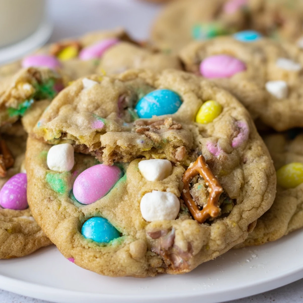 Chewy Easter Trash Cookies with crispy pretzels, mini marshmallows, and vibrant candy-coated chocolate pieces