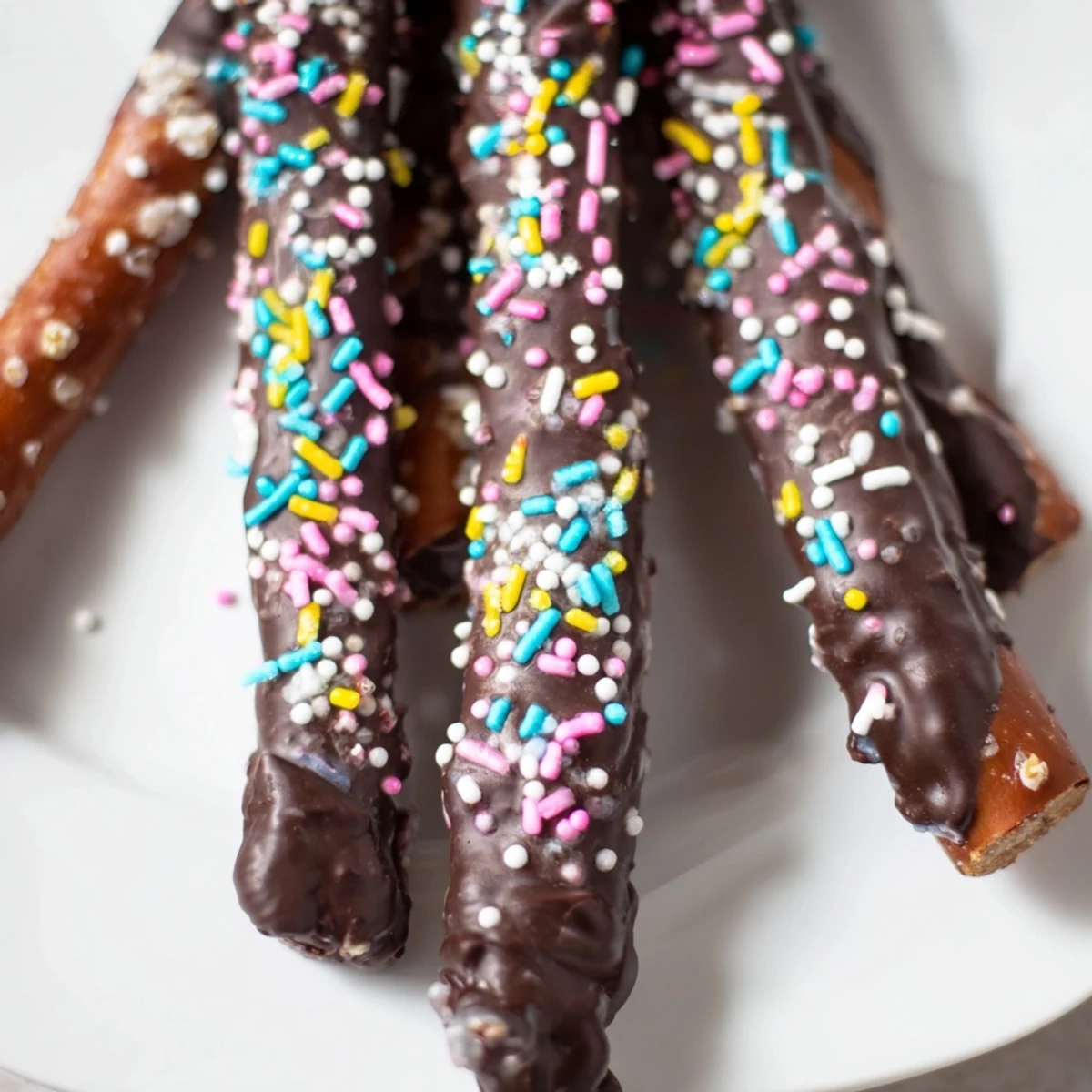 Chocolate covered pretzels for Easter with pastel sprinkles on a white serving plate