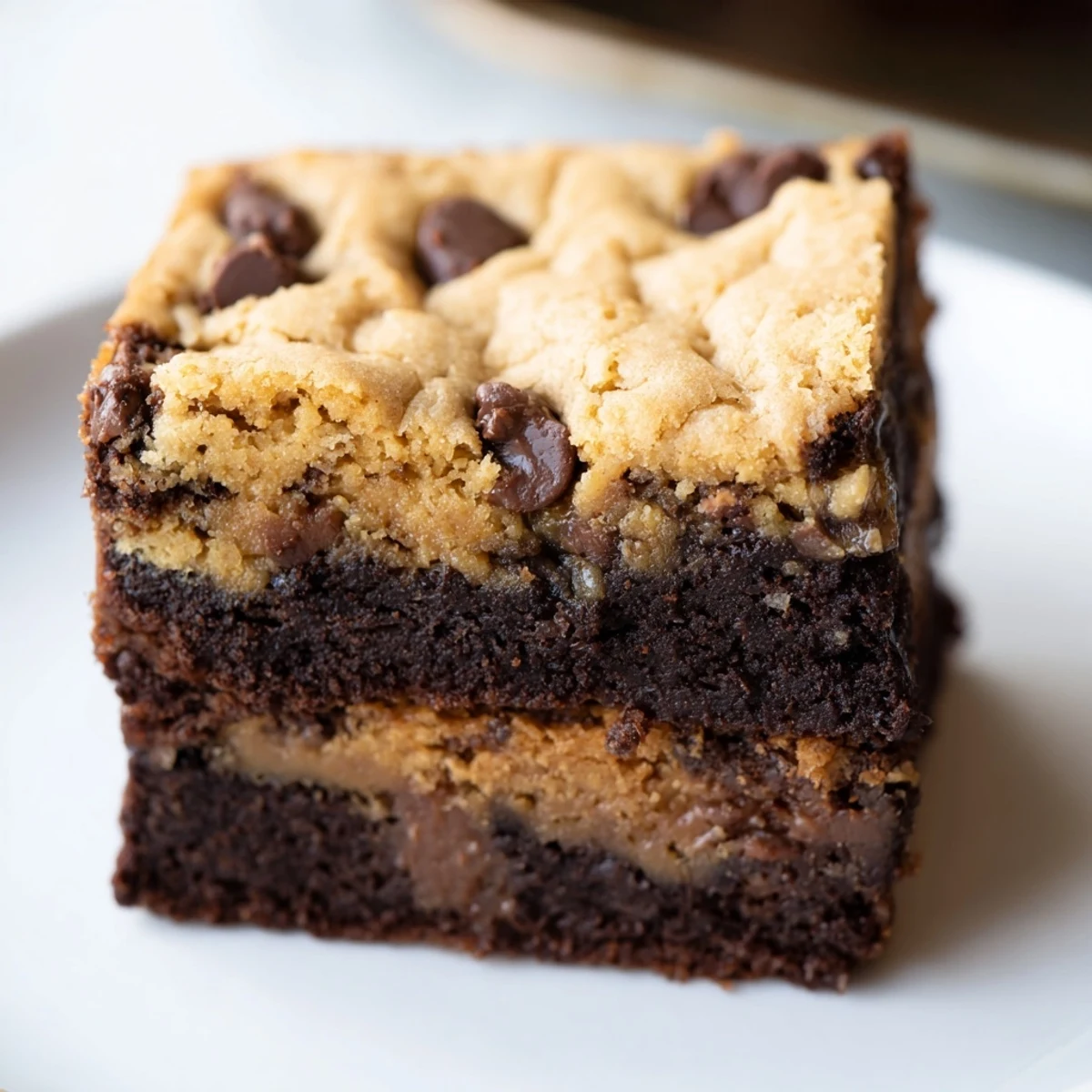 Golden vegan brookies stacked on a rustic wooden board with melted chocolate chips visible throughout