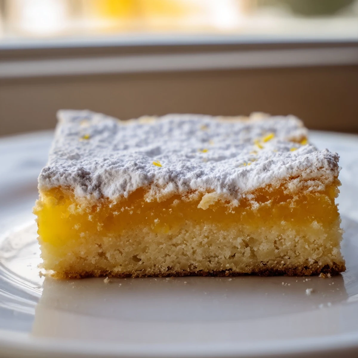 Tangy lemon bars sliced into neat squares on a rustic cutting board