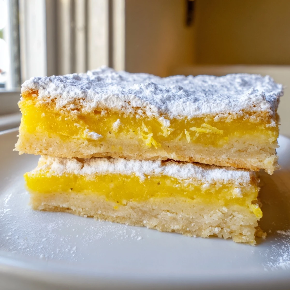 Golden lemon bars with powdered sugar dusted on a buttery shortbread crust