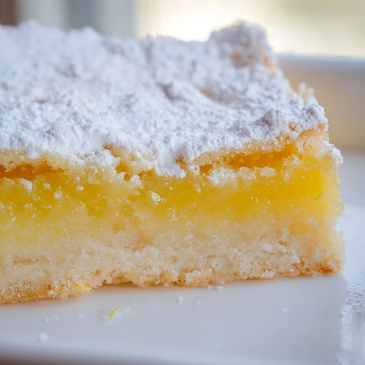 Bright yellow lemon bar recipe with a thick custard filling and crumbly base