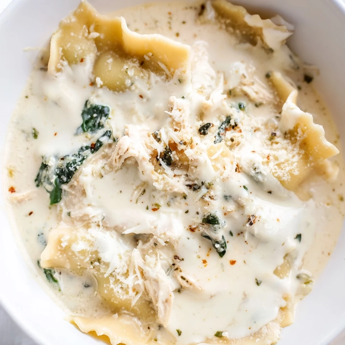 Steaming bowl of white lasagna soup topped with grated Parmesan and fresh herbs