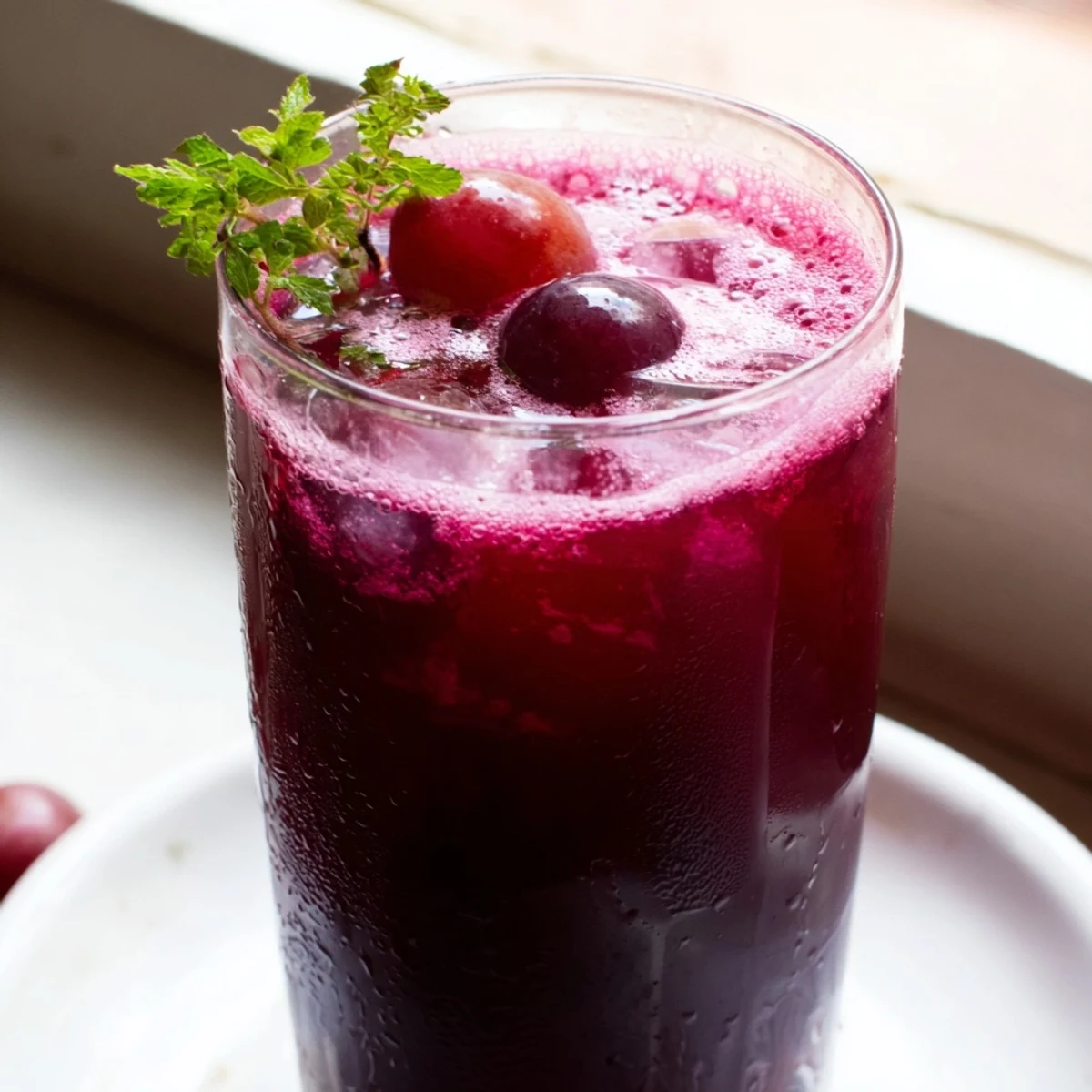 Grape Agua Fresca poured over ice with fresh mint and lime wedges