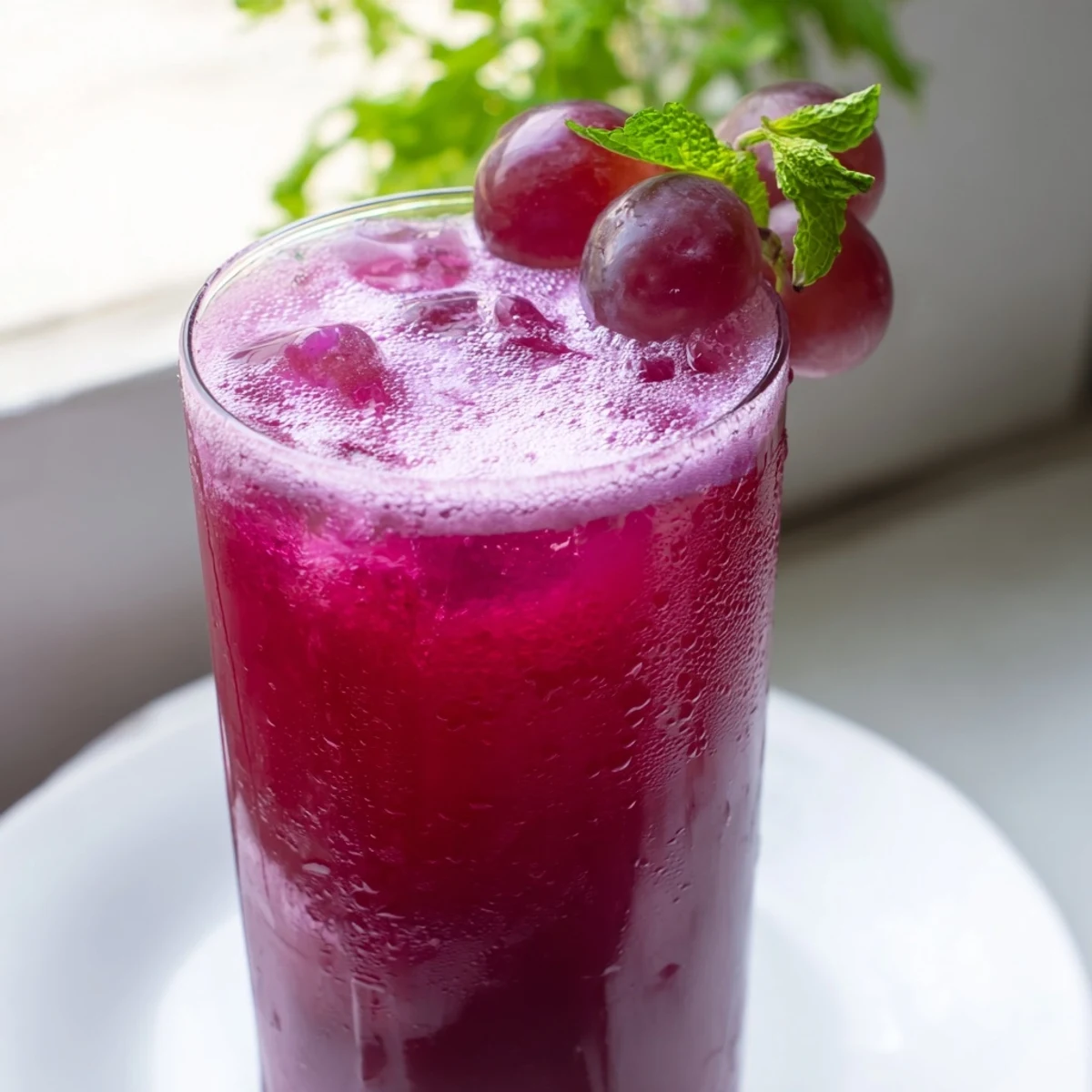 Chilled Grape Agua Fresca in a tall glass, frothy and deep magenta