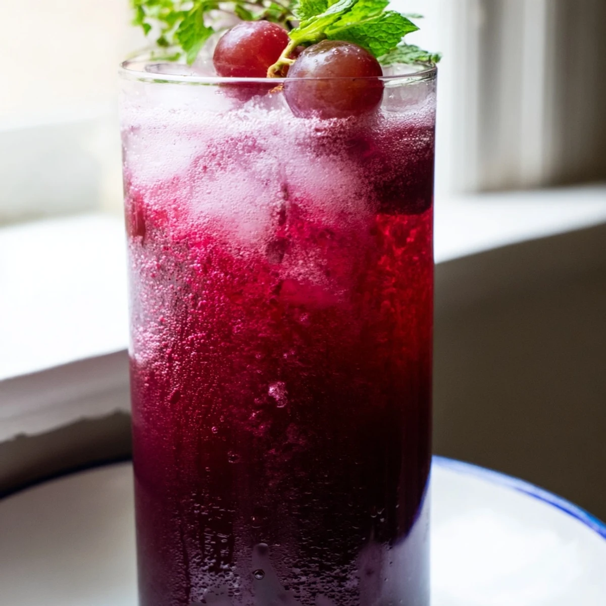 Grape Agua Fresca served in a pitcher garnished with whole grapes and ice