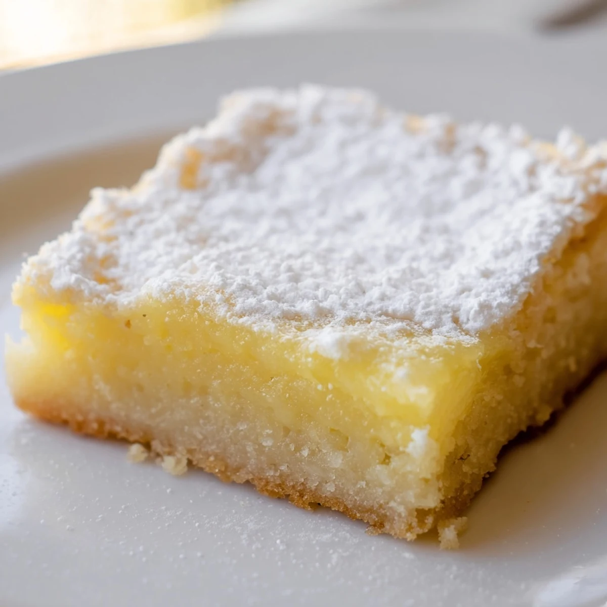 Golden lemon gooey butter cake squares dusted with powdered sugar on a rustic serving plate