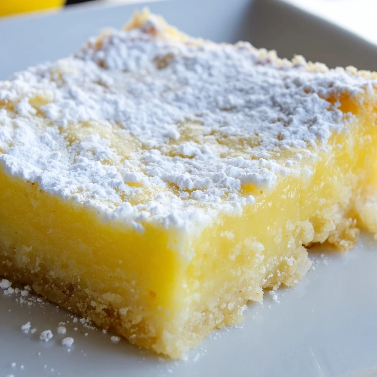 Creamy lemon gooey butter cake with glossy custard topping and golden brown buttery crust