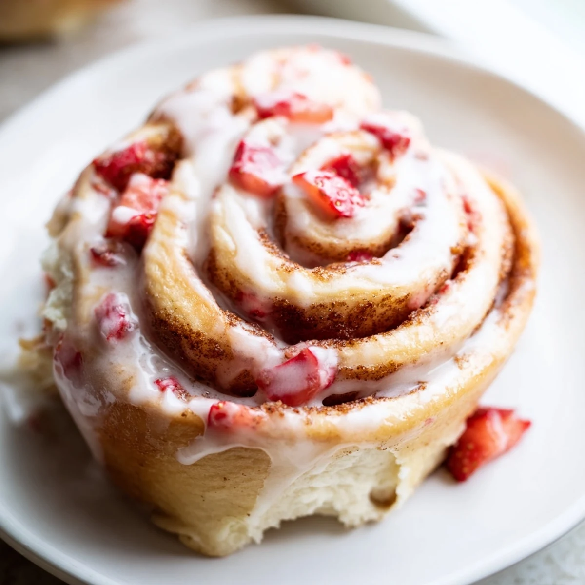 Golden Strawberry Cheesecake Cinnabon Rolls drizzled with creamy vanilla glaze on white plate