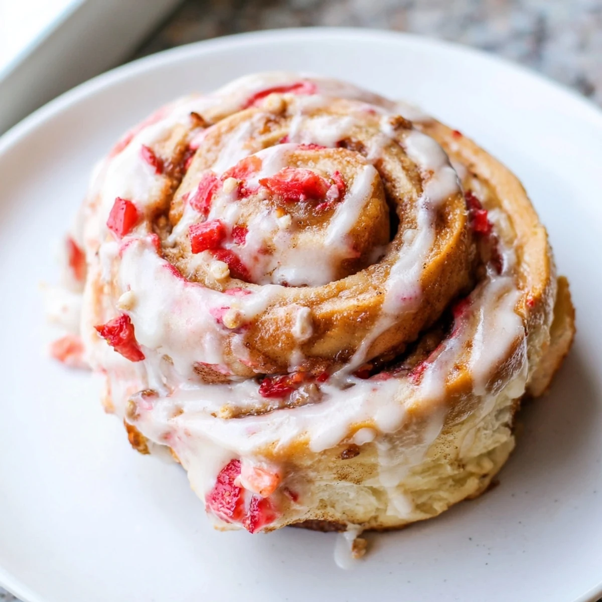 Swirled Strawberry Cheesecake Cinnabon Rolls with glossy glaze, fresh berries, and steam rising