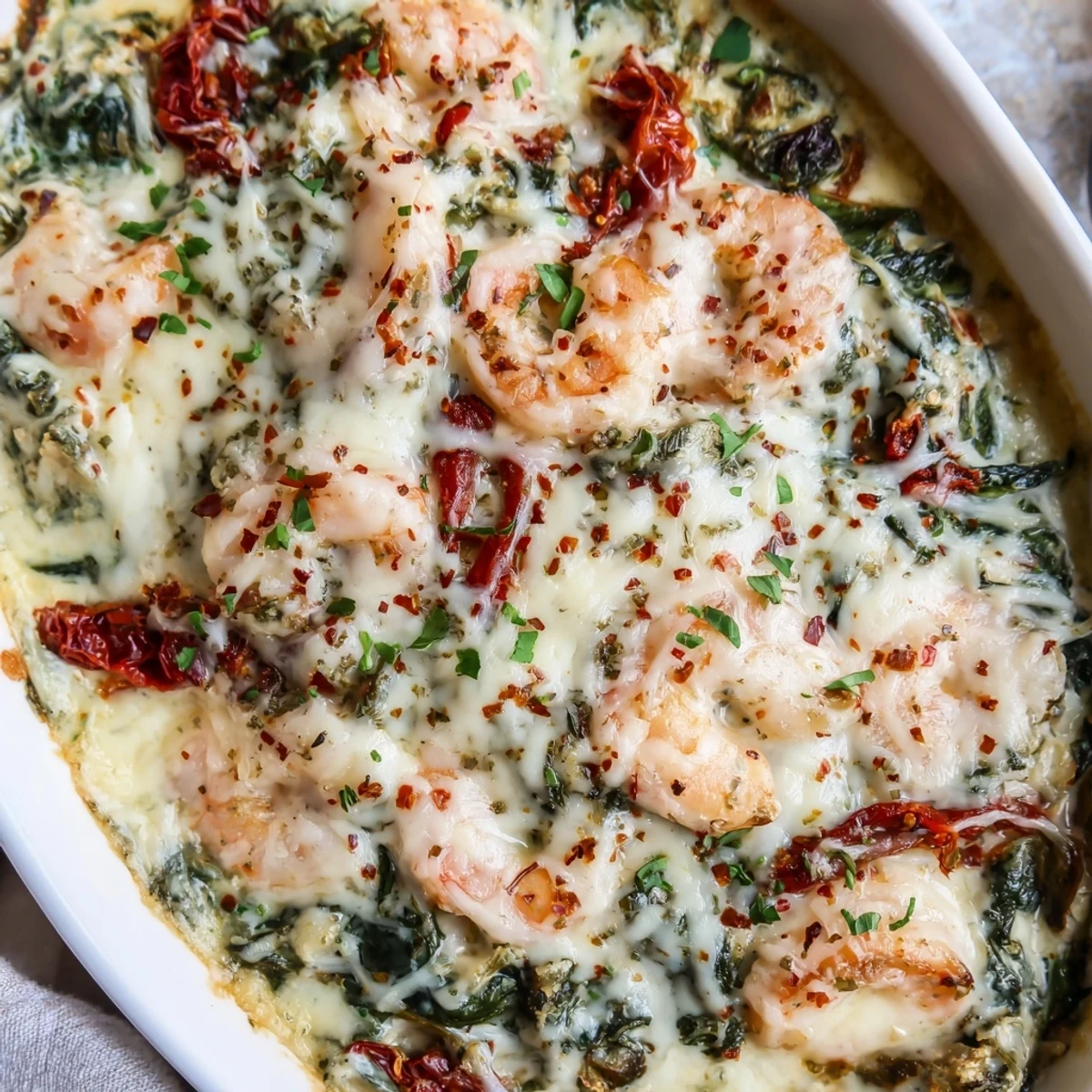 Creamy Low Carb Shrimp Tuscan Bake topped with melted mozzarella in a bubbly golden baking dish