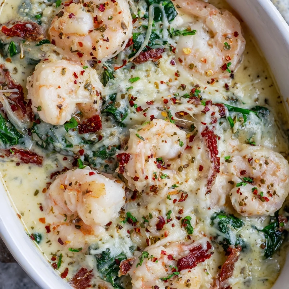 Succulent shrimp swimming in rich Tuscan cream sauce with vibrant spinach and sun-dried tomatoes