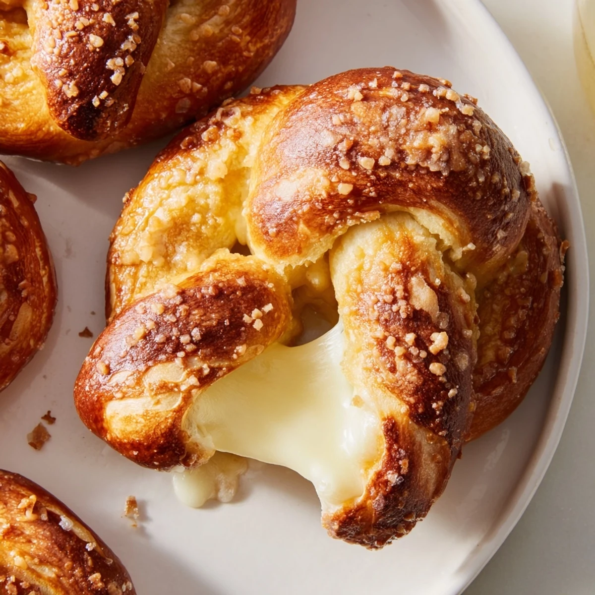 Golden mozzarella stuffed soft pretzels fresh from the oven with stretchy melted cheese centers