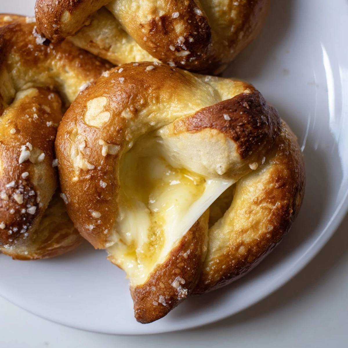 Warm mozzarella stuffed soft pretzels brushed with butter and sprinkled with coarse salt on parchment paper