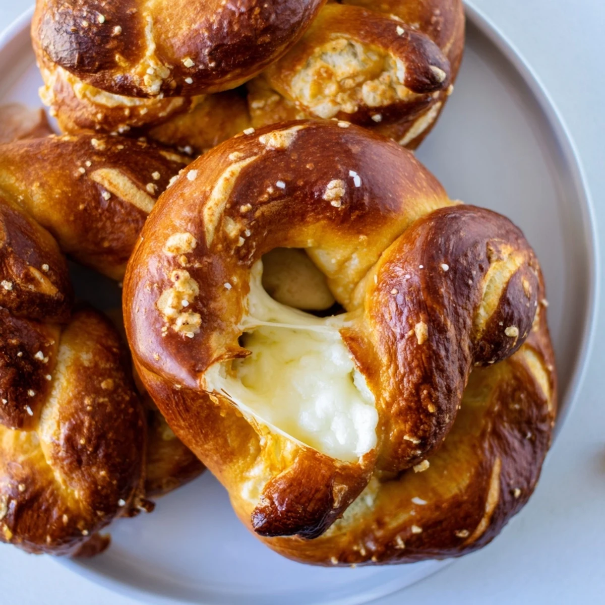 Close up of mozzarella stuffed soft pretzels showing gooey cheese pulling apart on a wooden board