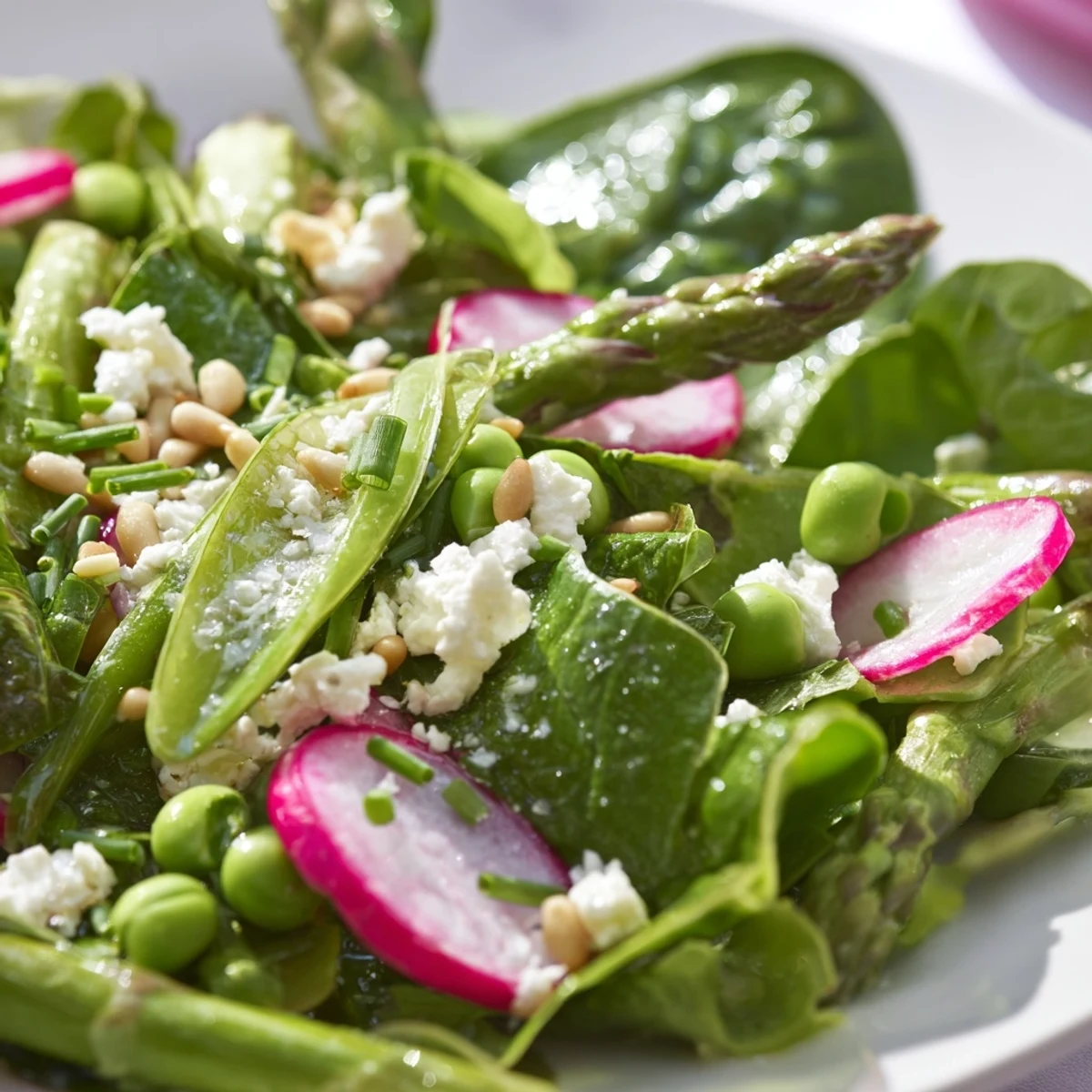 Bright spring salad with crisp vegetables and tangy lemon dressing in a rustic wooden bowl