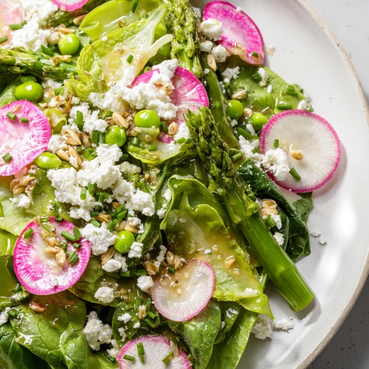 Fresh spring salad featuring tender asparagus, peppery radishes, and crumbled feta cheese