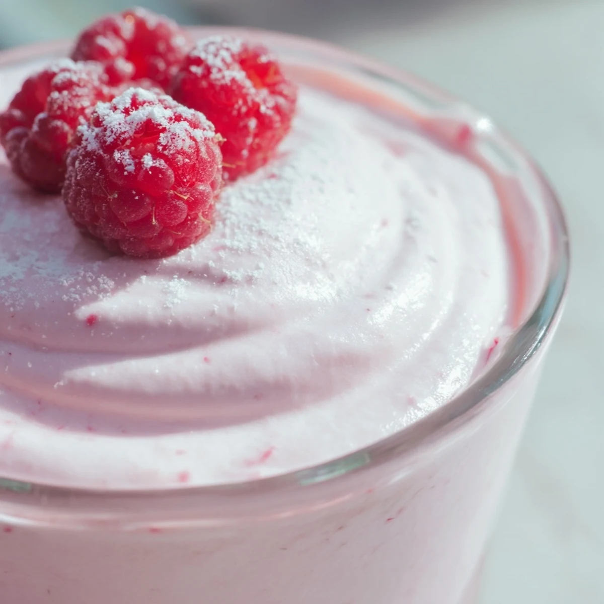 Creamy pink raspberry cloud mousse in elegant glasses topped with fresh ripe berries