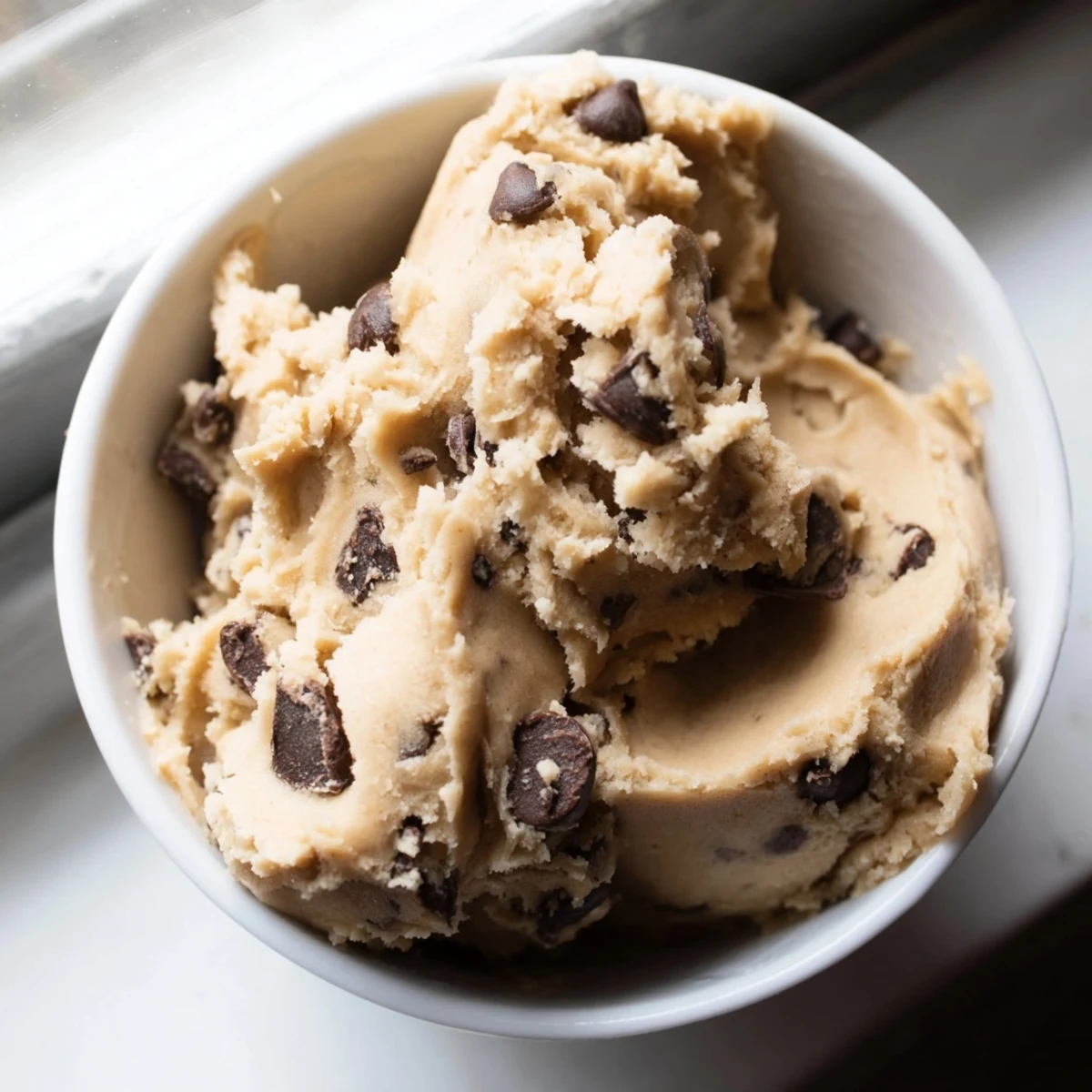 Creamy chocolate chip cookie dough scooped into balls and studded with melty chocolate chips