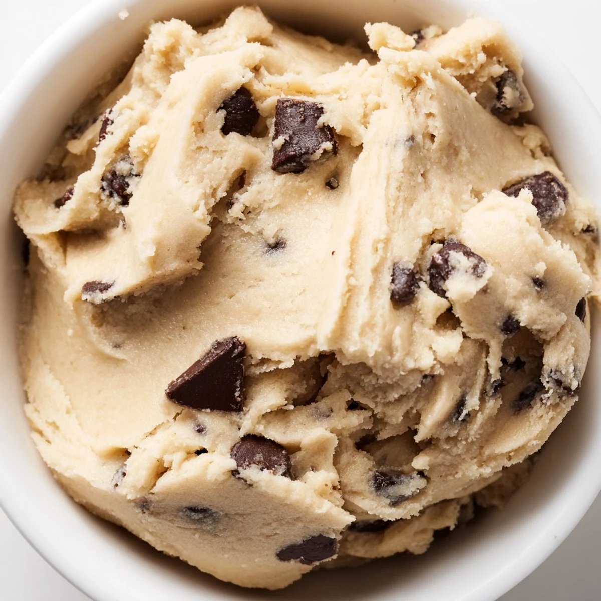 Safe-to-eat chocolate chip cookie dough in a bowl with scattered chocolate chips and wooden spoon