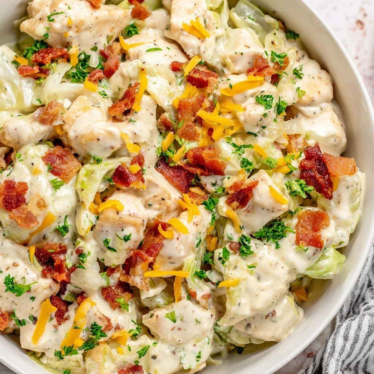 Creamy chicken bacon ranch cabbage bowls topped with melted cheddar and fresh green onions
