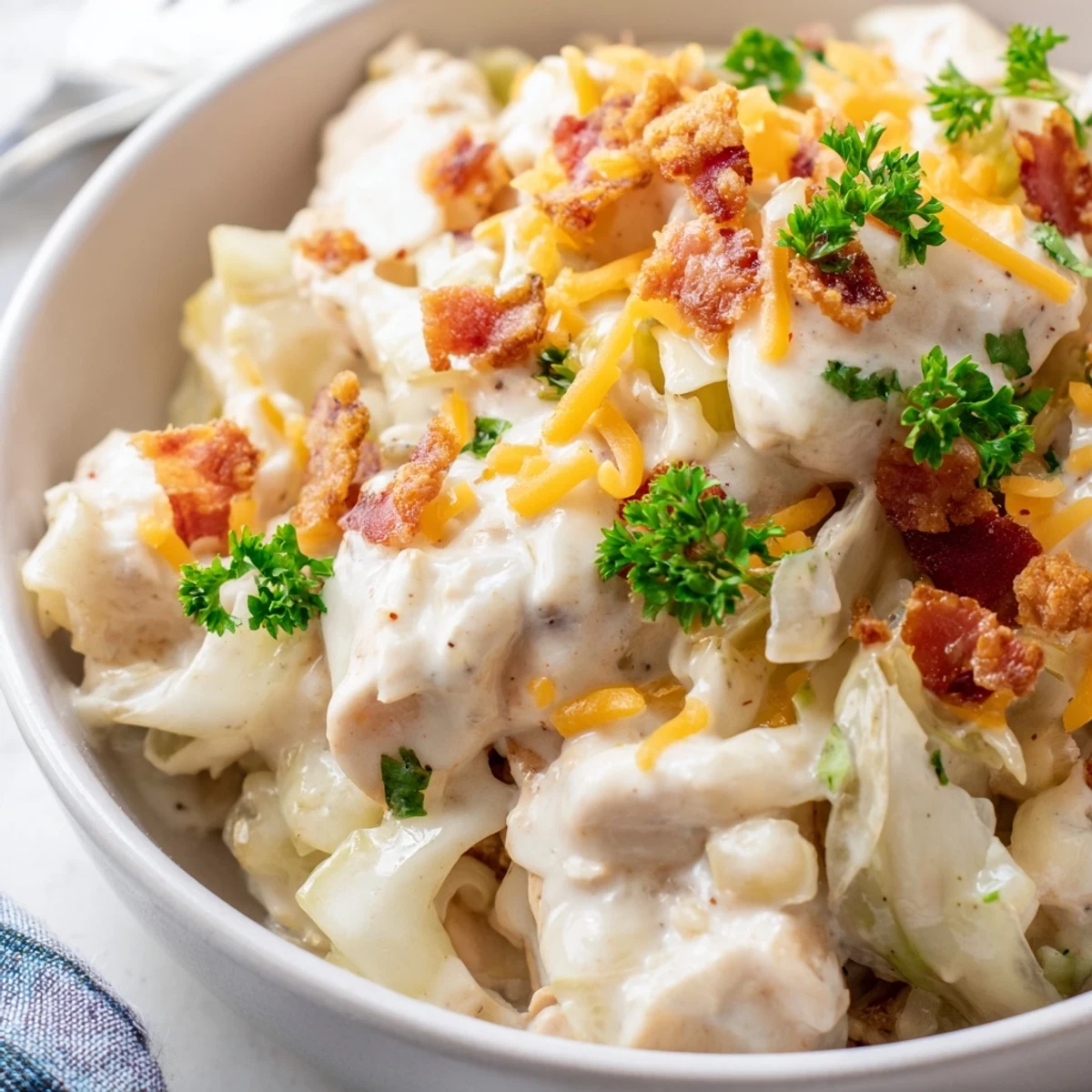 Tender chicken and crispy bacon tossed with cabbage in creamy chicken bacon ranch cabbage bowls sauce