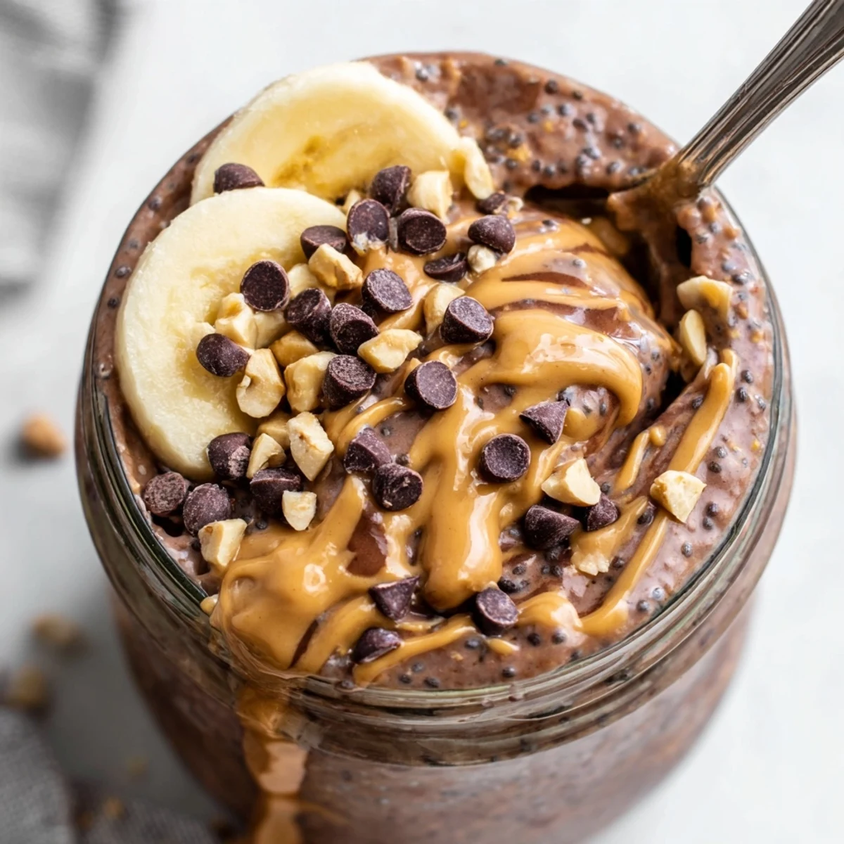 Creamy chocolate peanut butter overnight oats topped with chocolate chips and chopped peanuts in a mason jar