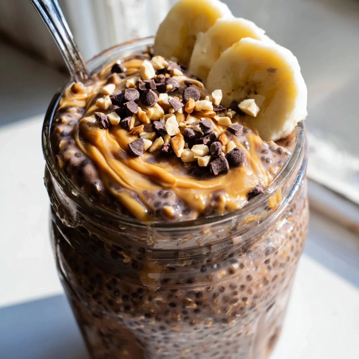 Rich chocolate peanut butter overnight oats swirled with Greek yogurt and fresh banana slices